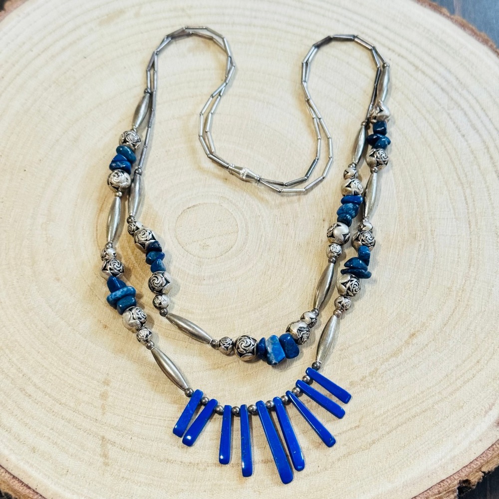 Vtg Blue Lapis Bead double strand Necklace roses floral Southwestern Silver 20"